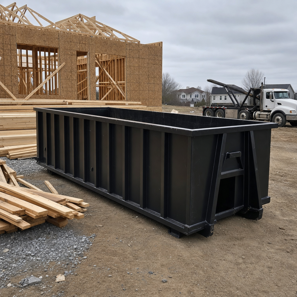 Matte-black 40-yard roll-off dumpster staged on a framed-out residential construction site in Santa Maria, framing lumber stacked nearby, hooklift delivery truck visible in the background under bright Colorado daylight