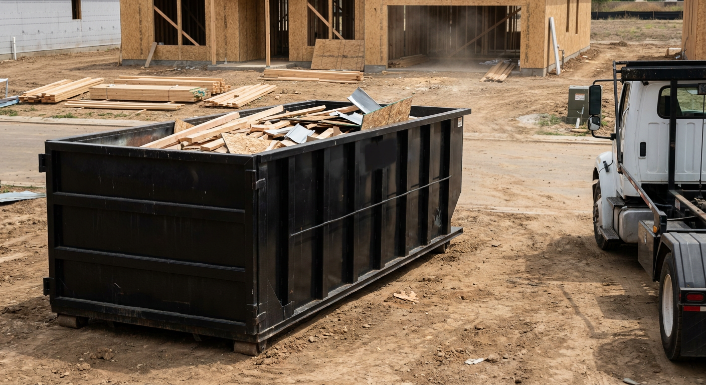 Matte-black 20-yard roll-off construction dumpster with heavy ribbed steel sidewalls and swing rear doors at a working jobsite in Santa Maria, sitting directly on compacted dirt with an unmarked white hauler partially visible at the far edge of the frame.
