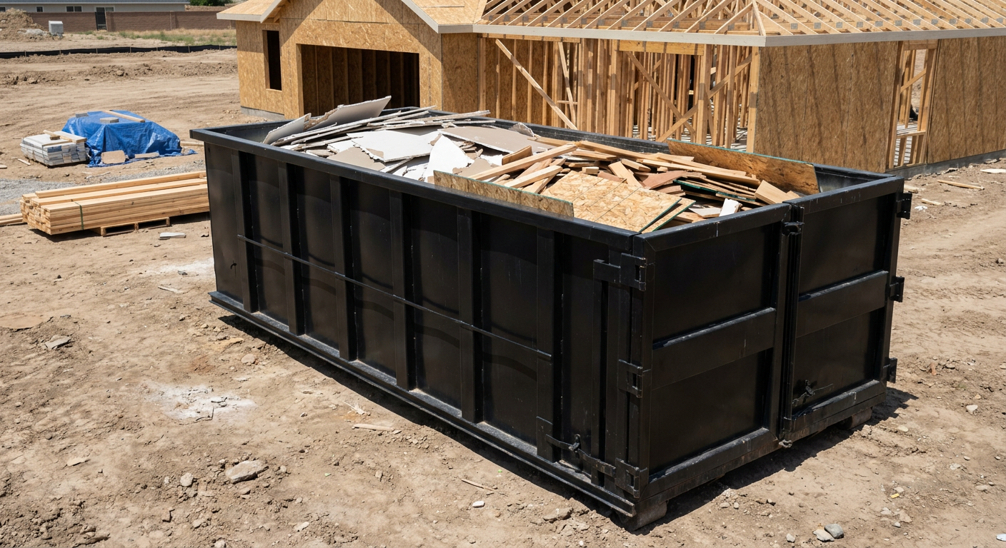 Matte-black 30-yard roll-off construction dumpster sitting directly on the compacted-dirt site of a framed single-family home build in Santa Maria, drywall and lumber scrap loaded inside.