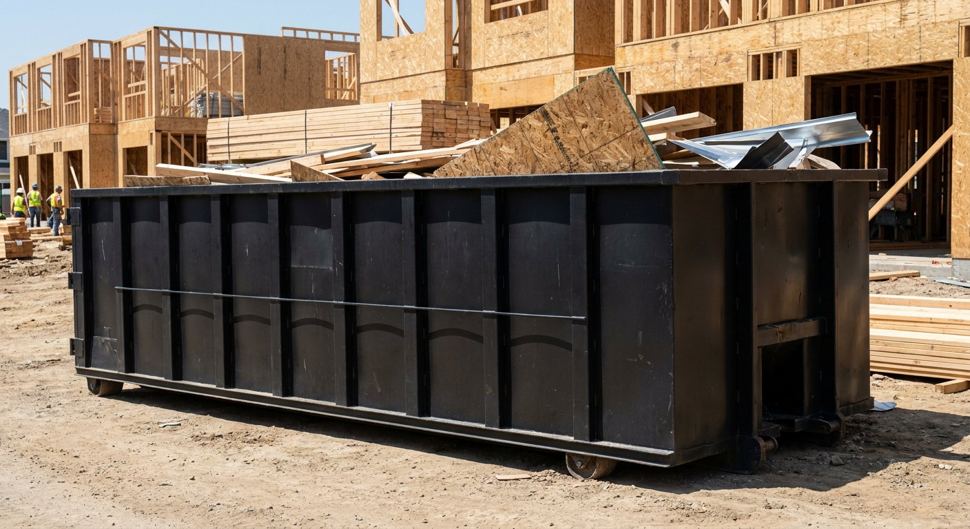 Matte-black 40-yard roll-off construction dumpster being lowered from a white-cab hooklift delivery truck onto the compacted-dirt jobsite at a commercial build site in Santa Maria