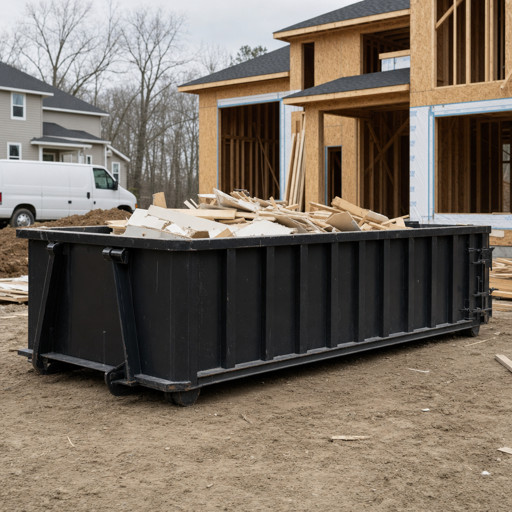 Worker in a yellow high-visibility vest tossing framing lumber and broken drywall into a matte-black 30-yard construction roll-off dumpster on an active build site in Santa Maria, bright daylight