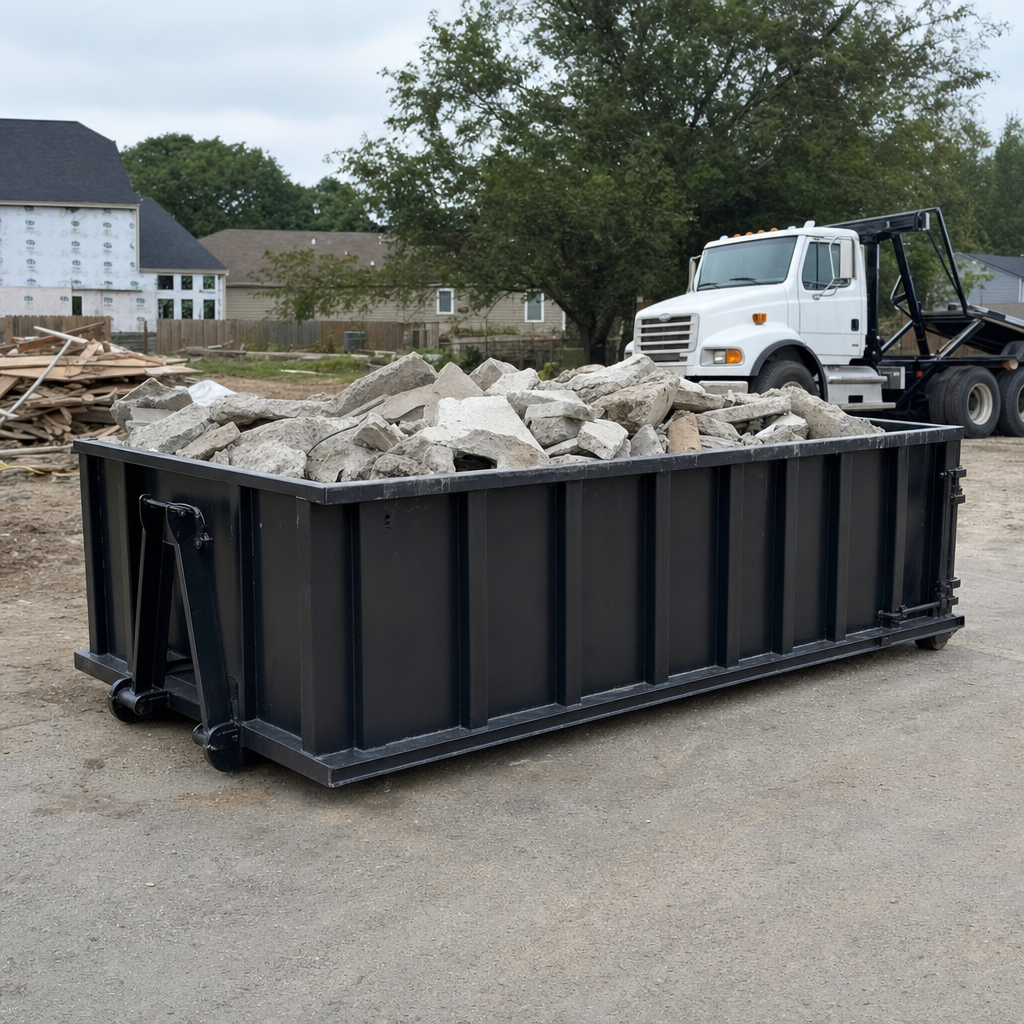 Low-profile matte-black lowboy roll-off dumpster loaded with broken concrete slab and rebar at a foundation tear-out in Santa Maria, skid steer parked beside it, sunny Colorado morning