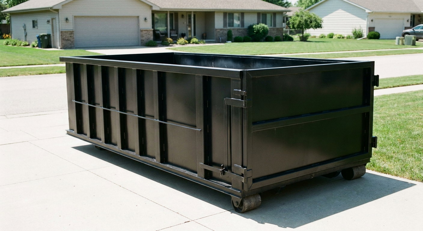 Matte-black 10-yard roll-off dumpster on a residential concrete driveway in Santa Maria, uniformly painted matte black across every panel and rail, ribbed steel sidewalls and rear swing door visible, mid-day daylight.