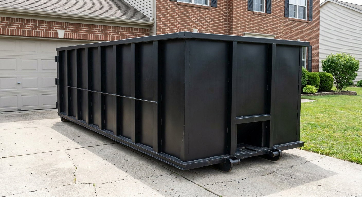 Matte-black 20-yard roll-off container on a Santa Maria residential concrete driveway with reinforced ribbed steel sidewalls and a hinged rear walk-in door, clean bright daylight.