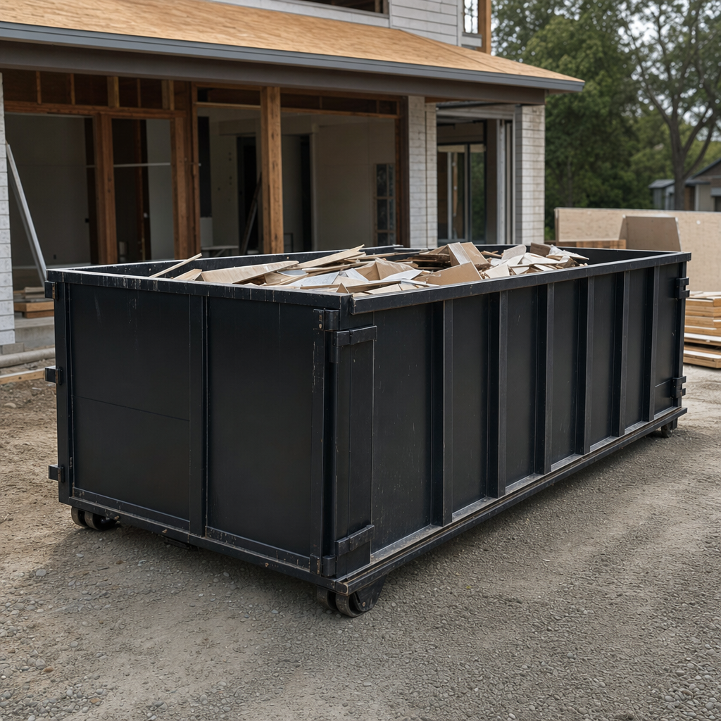 Large matte-black 30-yard construction roll-off dumpster at an active Santa Maria jobsite, steel-gray top rails and bottom rollers visible, loaded with construction debris.