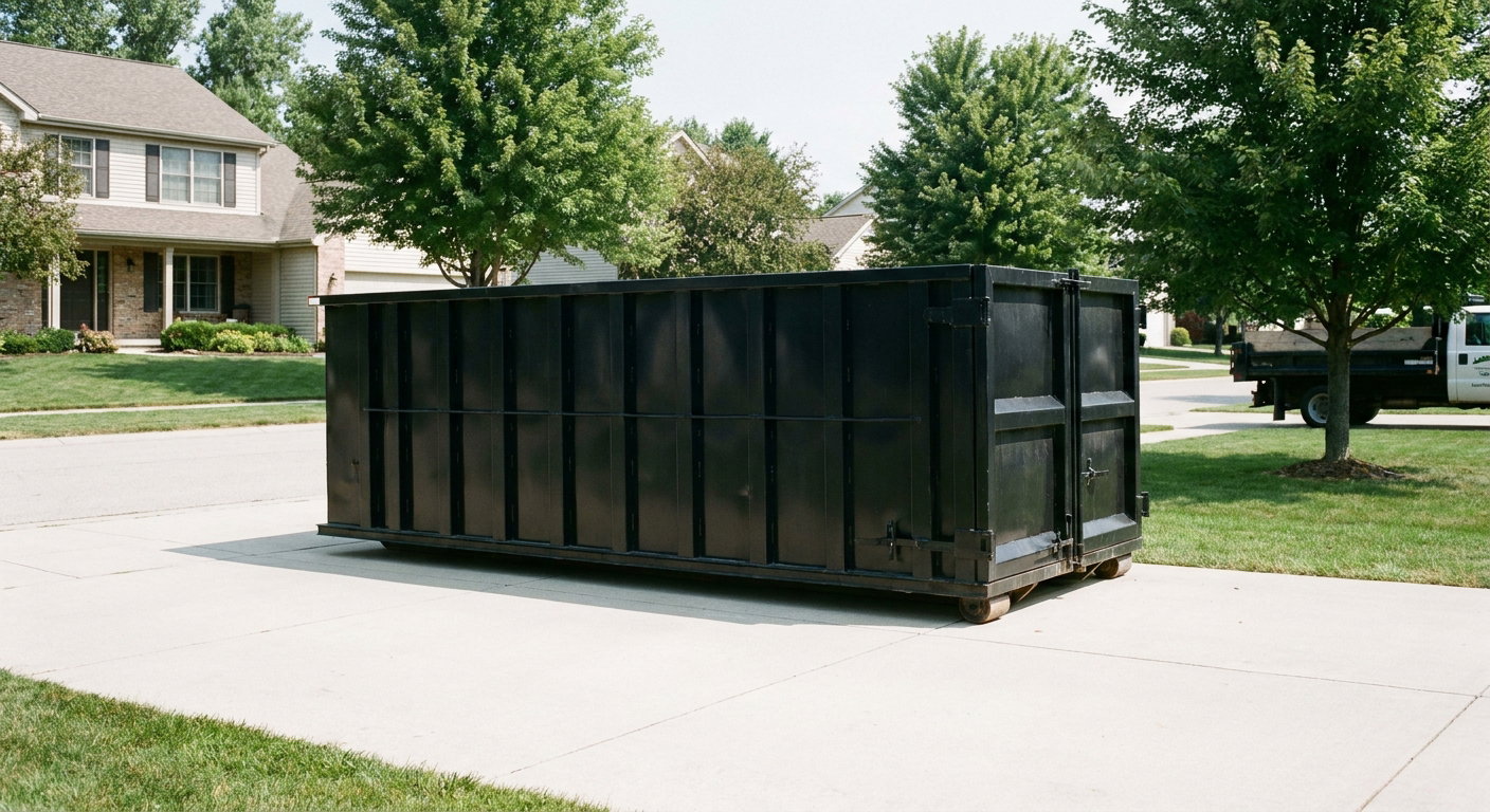 Matte-black 20-yard roll-off dumpster sitting level on a clean Santa Maria residential concrete driveway under bright daylight, demonstrating clean placement directly on the concrete.