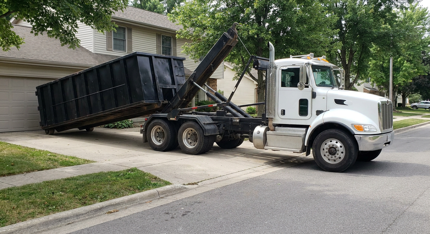 White-cab hooklift roll-off truck actively lowering a matte-black dumpster onto a Santa Maria residential concrete driveway, the dumpster's rear wheels touching the driveway as the hoist arm tilts the bed forward, mid-morning daylight.