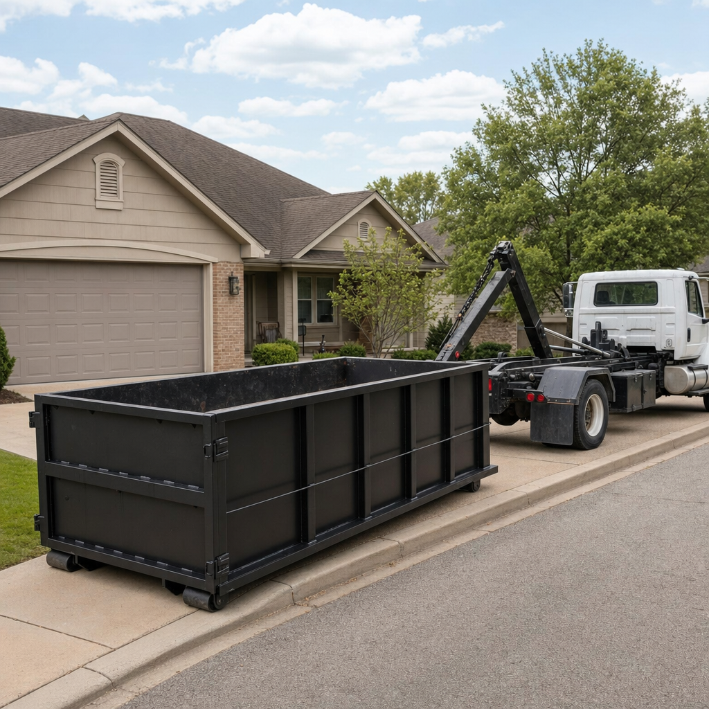 Wide documentary shot of a matte-black roll-off dumpster on a Santa Maria residential driveway in the foreground and a contractor jobsite container in the soft-focus background, bright daylight, calm and orderly composition.