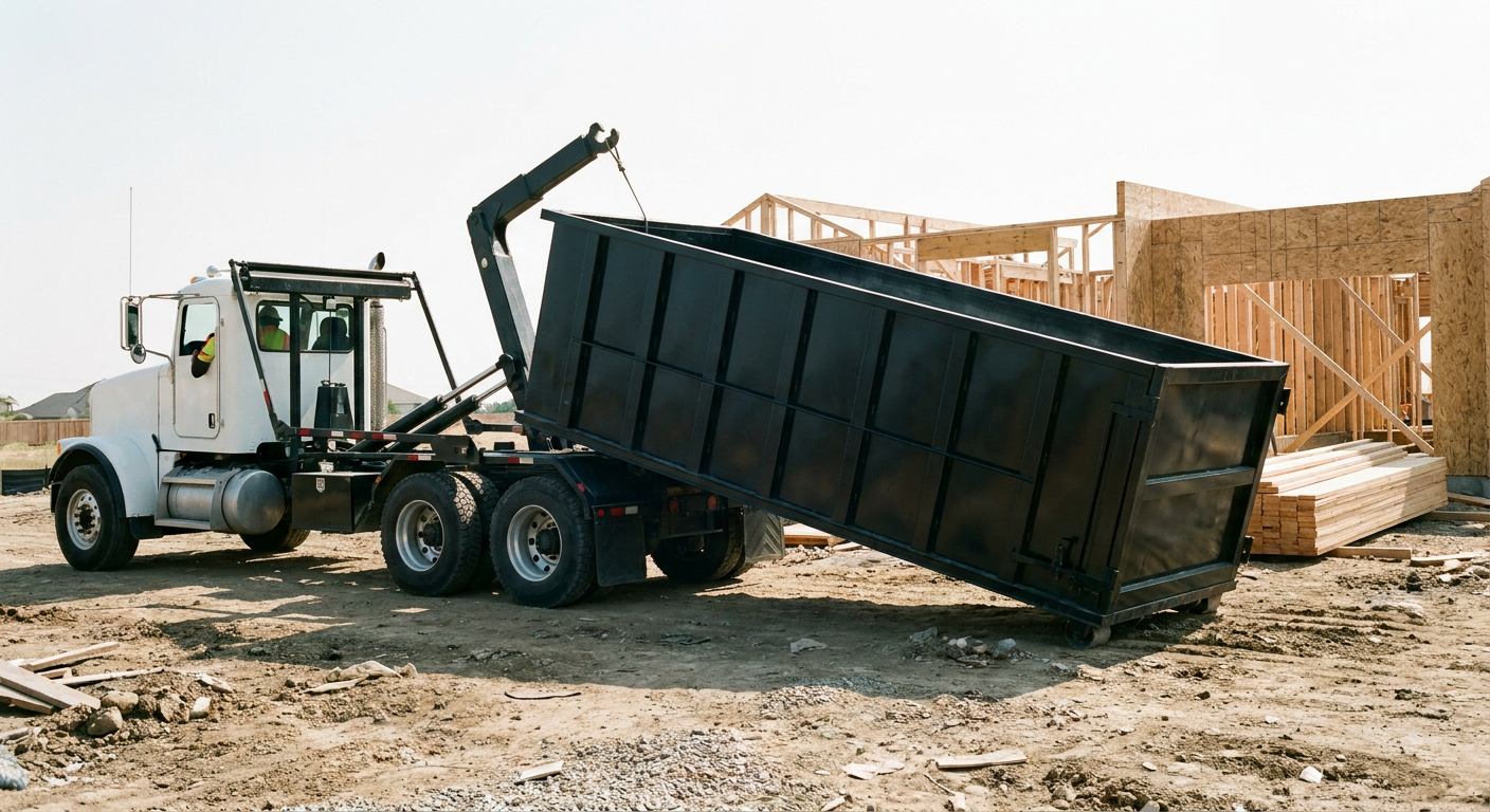 Matte-black roll-off dumpster being delivered onto a clean residential concrete driveway in Santa Maria by an unmarked white hooklift hauler truck, bright morning daylight, documentary 35mm perspective.