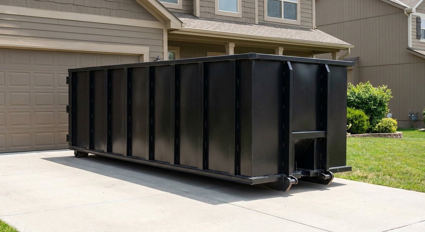 Matte-black residential roll-off dumpster sitting directly on a suburban Santa Maria concrete driveway, garage door closed, single-family home in background, bright morning daylight.