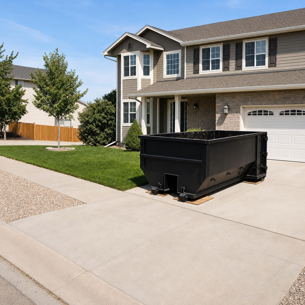 10-yard matte-black residential dumpster placed directly on a narrow Santa Maria concrete driveway, room remains for a parked sedan beside it, mid-morning natural light