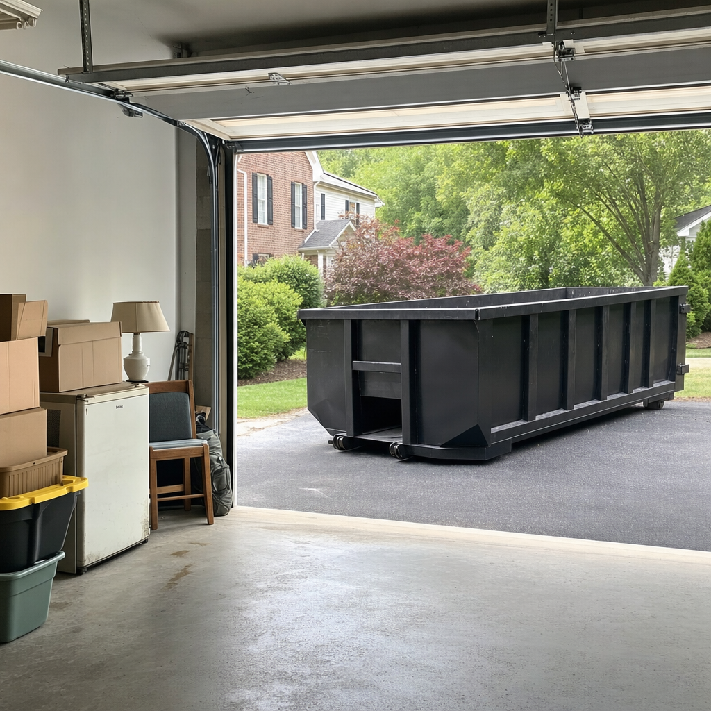 Open garage interior in a Santa Maria home mid-cleanout — boxed items, an old appliance, and stacked yard tools queued near the driveway for a matte-black roll-off dumpster, organized and calm