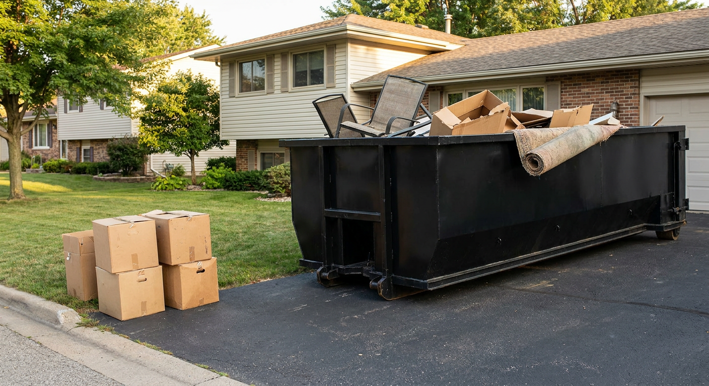 Front-yard view of a Santa Maria split-level home with a 20-yard matte-black roll-off dumpster sitting directly on the asphalt driveway, a few clearly labeled donation boxes staged at the curb, calm sunny afternoon.