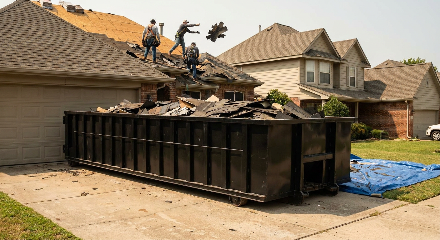 Matte-black roofing roll-off dumpster placed directly on a Santa Maria residential concrete driveway, a tear-off crew on a two-story asphalt-shingle roof tossing shingle bundles into the low-walled container, bright daylight, documentary 35mm perspective.