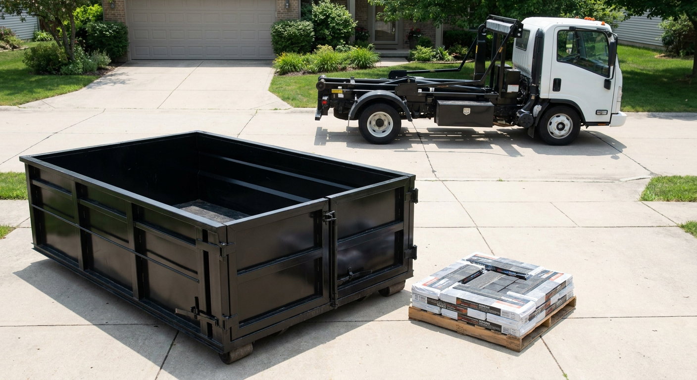 Matte-black 15-yard roofing roll-off dumpster with reinforced low side walls sitting directly on a Santa Maria residential concrete driveway, three-tab asphalt shingle bundles stacked nearby, an unmarked white hauler truck partially visible at the edge of the frame.