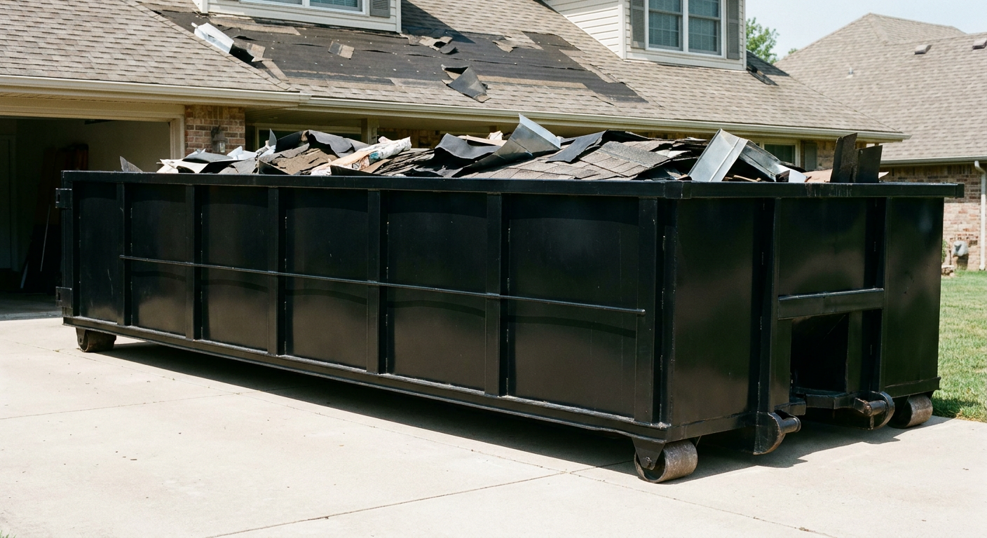 Matte-black 20-yard roofing roll-off dumpster with steel ribbed sides and swinging rear door, sitting directly on the concrete driveway of a two-story Santa Maria home, asphalt shingle debris being loaded over the low wall, clean documentary lighting.