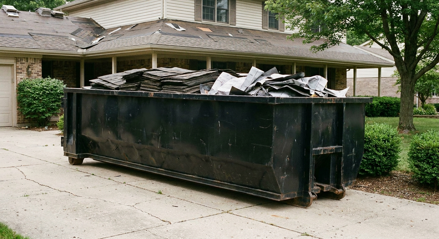 Matte-black 30-yard roofing roll-off dumpster sitting directly on a Santa Maria concrete driveway, taller ribbed steel side panels, mixed tear-off debris of asphalt shingles and underlayment inside, professional documentary daylight.