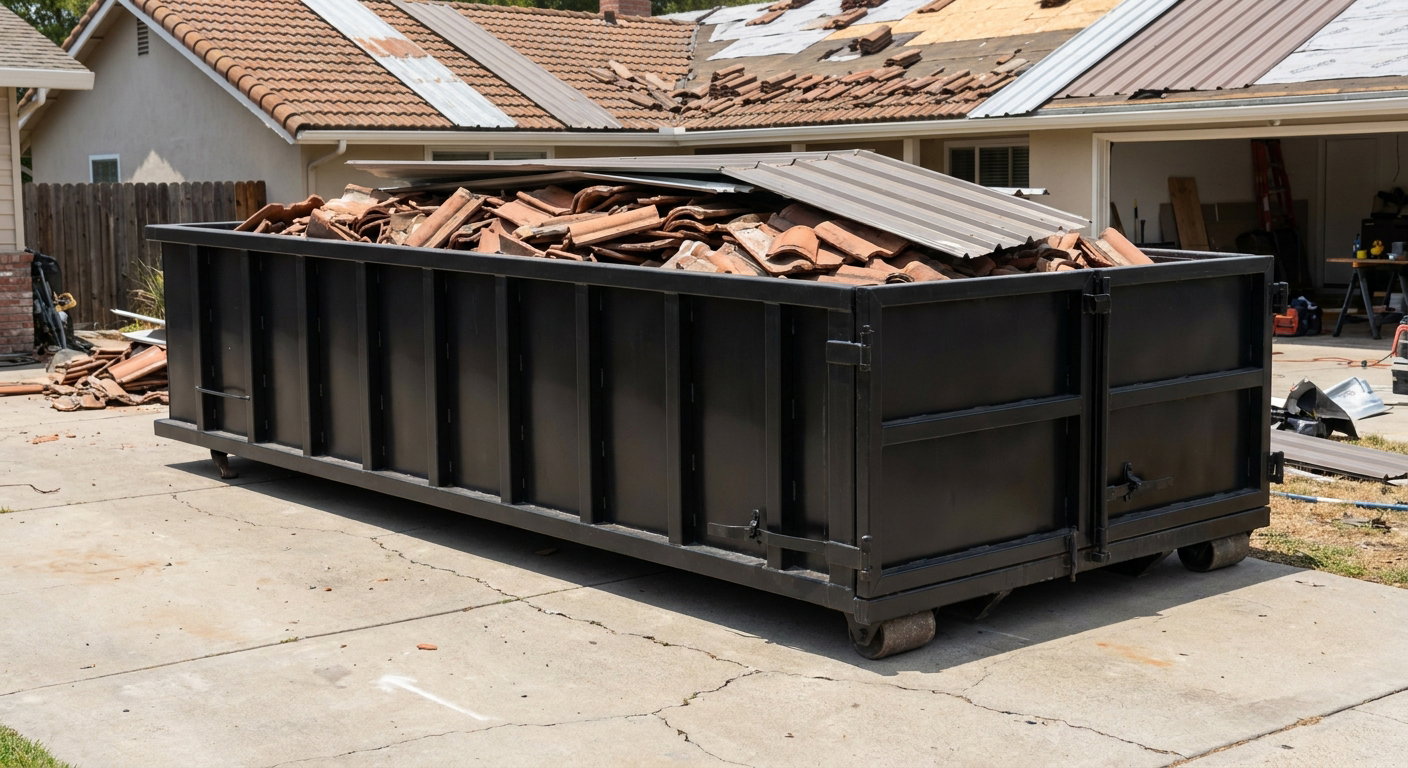 Matte-black low-wall heavy-debris roofing roll-off dumpster sitting directly on a Santa Maria concrete driveway, broken concrete clay roof tiles and metal panel sections loaded inside, reinforced ribbed steel side walls visible, bright outdoor daylight.