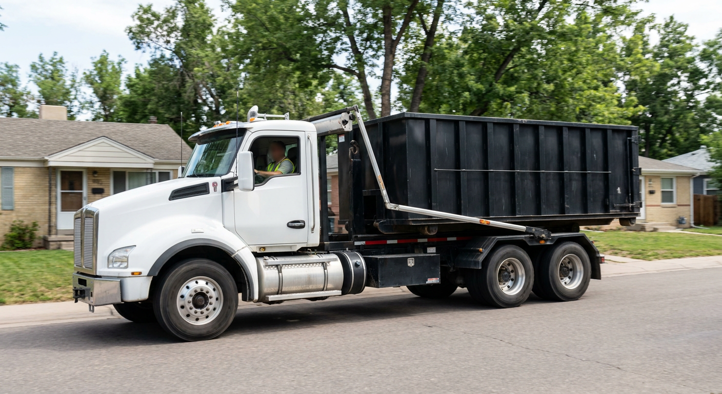 A wide documentary shot of a matte-black roll-off delivery truck pulling onto a quiet Santa Maria residential street at mid-morning, with neighborhood rooftops and tree-lined blocks visible behind, showing the metro coverage footprint.