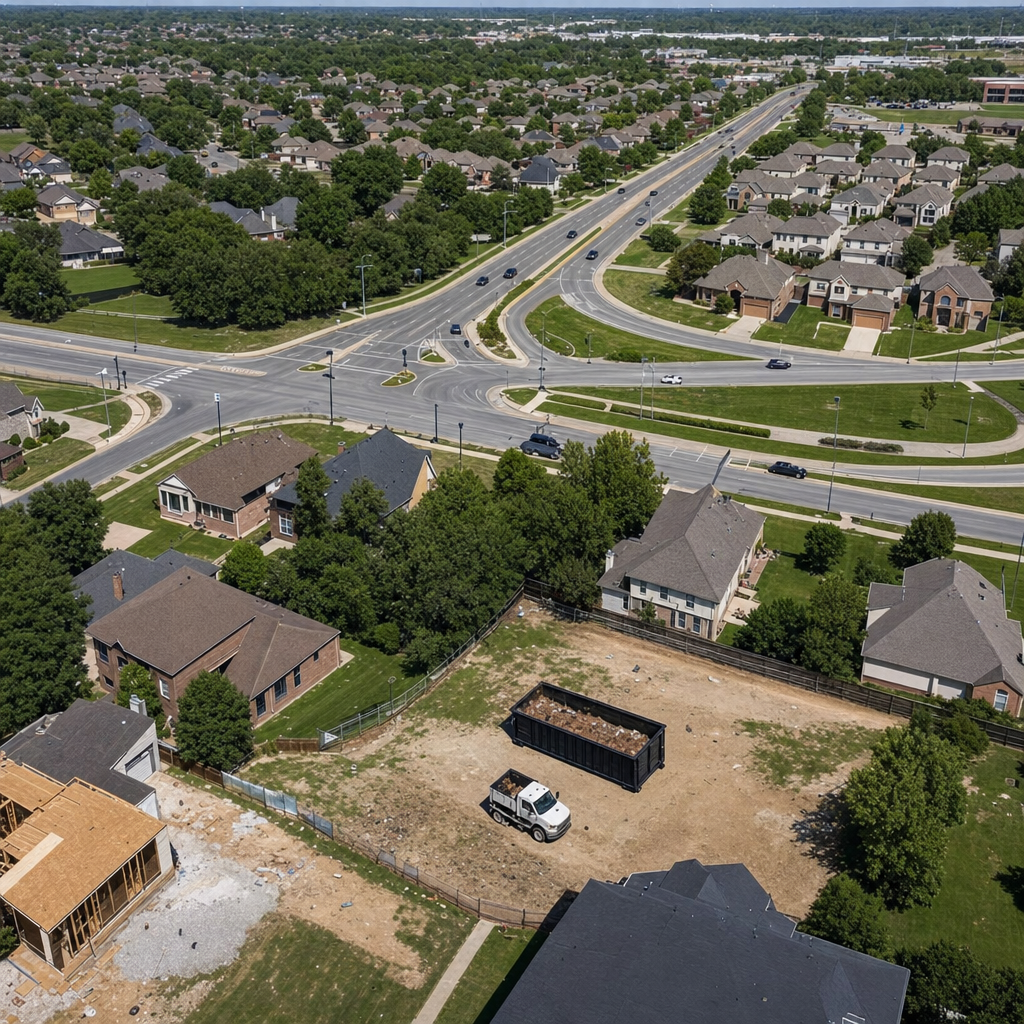 An overhead documentary view of the Santa Maria metro area at midday, showing the spread of neighborhoods, arterial roads, and the dispatch radius from a central yard — clean daylight, organized geographic layout.
