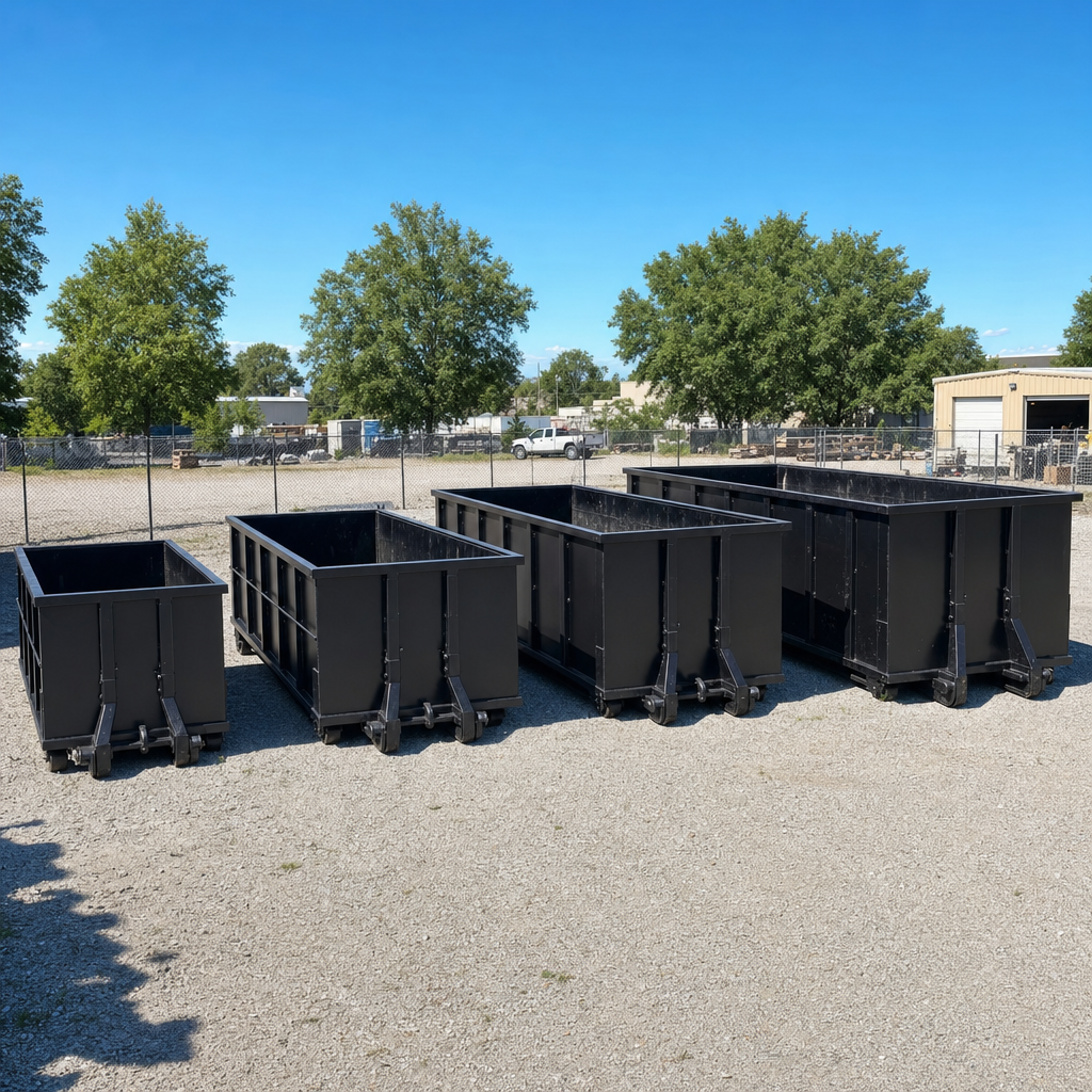 A clean lineup of matte-black roll-off dumpsters in 10, 20, 30, and 40-yard sizes staged on a sunlit gravel yard in Santa Maria, showing the size progression from compact to commercial-scale containers.