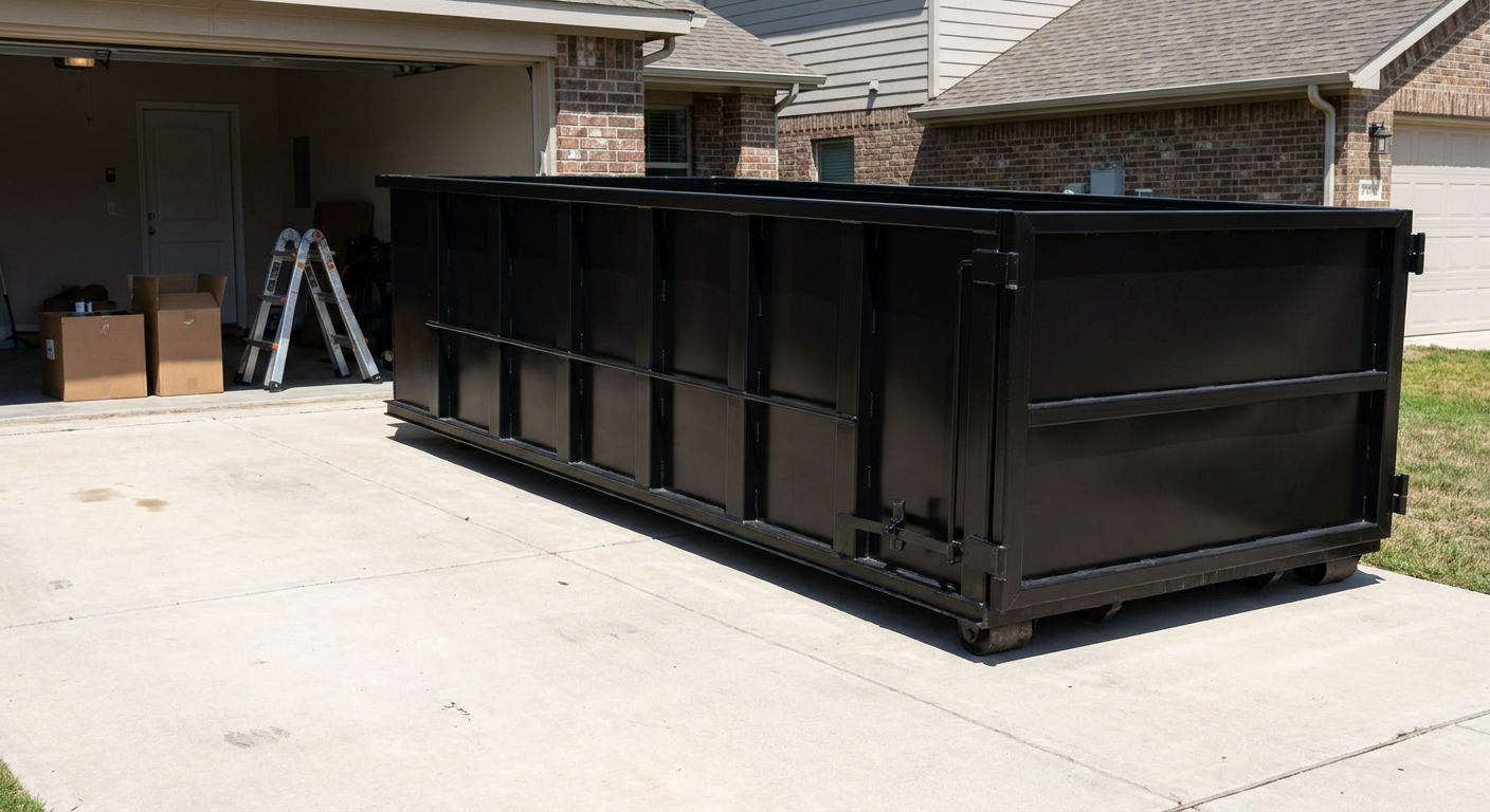 A matte-black 10-yard roll-off dumpster sitting directly on a residential Santa Maria concrete driveway, mid-day sunlight, clean and ready for a garage cleanout.