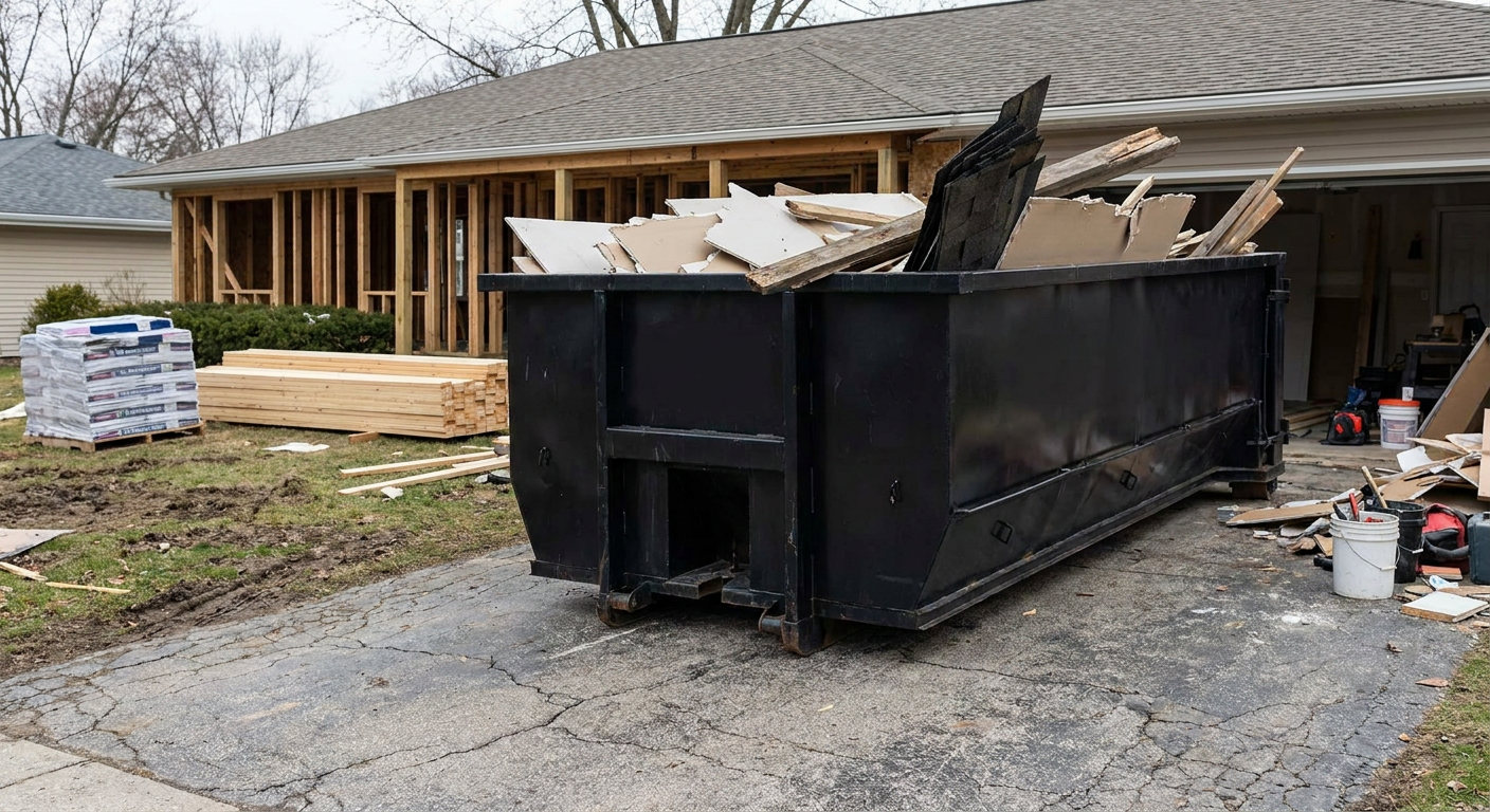A matte-black 20-yard roll-off dumpster placed alongside a mid-renovation Santa Maria home directly on the asphalt driveway, with framing materials and torn-off shingles staged neatly nearby.