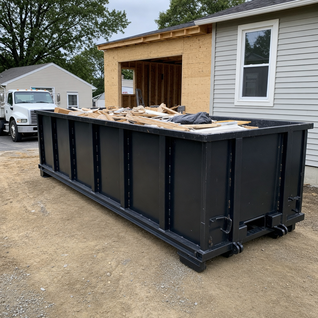 A matte-black 30-yard roll-off dumpster positioned at a Santa Maria residential addition jobsite, with framing lumber and drywall scraps loaded through the open swinging rear doors.