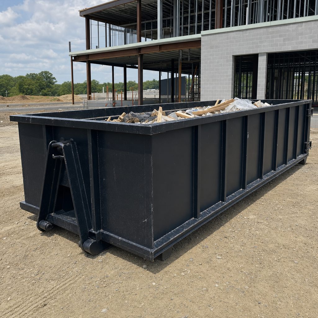 A matte-black 40-yard roll-off dumpster staged on a large Santa Maria commercial construction lot, with a hooklift delivery truck parked alongside under bright midday sky.