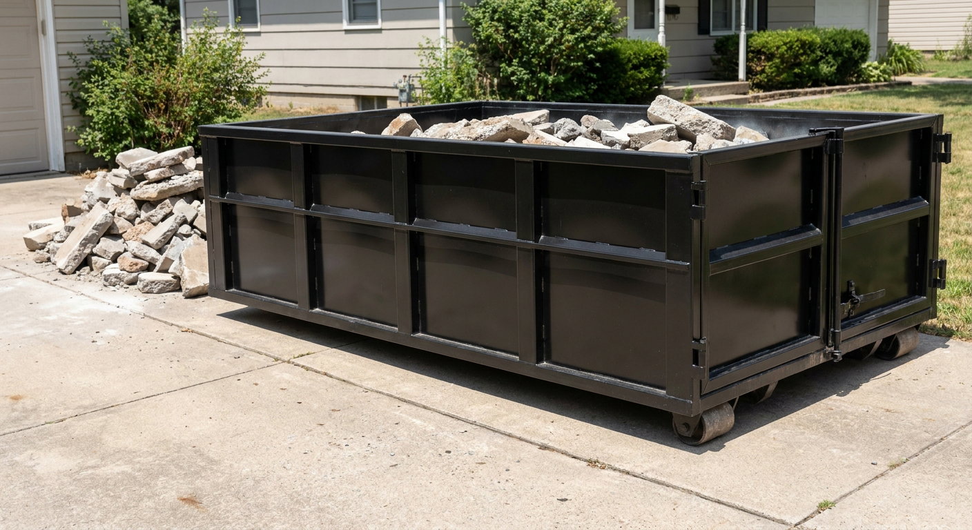 A matte-black low-side heavy-debris roll-off dumpster placed directly on a Santa Maria concrete driveway, with broken concrete chunks neatly stacked beside it under clean daylight.